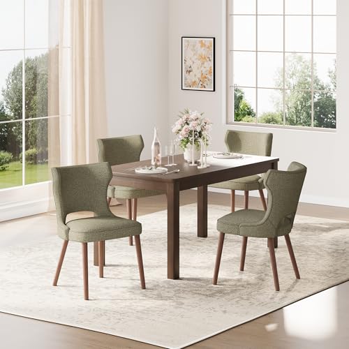 Image of Wooden Dining Chairs Set of 4, Farmhouse Dining Room Chairs with Solid Wood Legs, Mid Century Fabric Kitchen Chairs, Upholstered Chair for Restaurant & Cafe- Green
