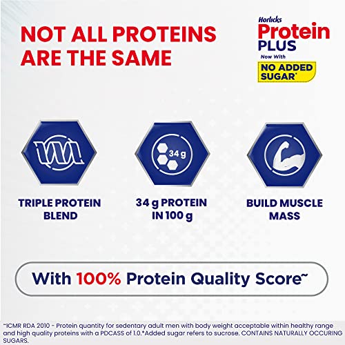 Image of Horlicks Protein Plus Chocolate High Protein Drink for Adults 400 g Jar|| Whey|| Soy & Casein Powder Blend - For Muscle Mass & Strength|| Veg