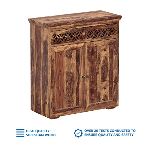 Image of SHIKHA WOOD CRAFT Solid Sheesham Wood Sideboard Cabinet with 2 Doors & 2 Drawers Storage | Wooden Kitchen Cabinet, Dining Room Organizer, Crockery Unit, Living Room Storage Furniture (Natural Finish)