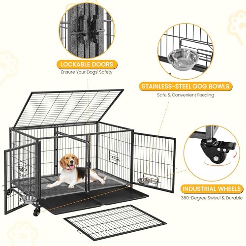 Image of Yaheetech 42.5 Inch Stackable Dog Crate with Divider for Small Medium Dogs | Heavy Duty Rolling Dog Cage with Open Top, 2 Removable Trays, Lockable Wheels, Flexible Layout For Multi-Pet Use