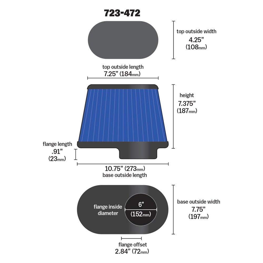 Airaid 723-472 Universal Clamp-On Air Filter: Oval Tapered; 6 Inch 152 mm Flange ID; 9 Inch 229 mm Height; 10.75 x 7.75 Inch 273 mm x 197 mm Base; 7.25 x 4.75 Inch 184 mm x121 mm Top product thumbnail 4