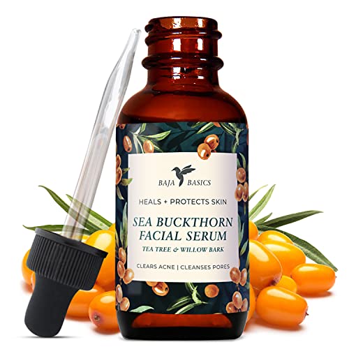 Baja Basics Sea Buckthorn Facial Serum for Face and Aging Skin - Cold Pressed Seed Oil, Tea Tree Oil Blend with Omega 7 to Reduce Inflammation, Acne, Scars - Moisturizer, Beauty Product - 1 oz Bottle