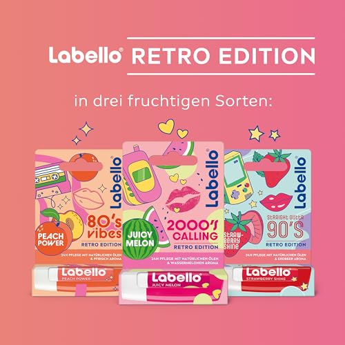 Labello Peach Power 80's Vibes Retro Edition, duftender Lippenpflegestift mit natürlichen Ölen und Pfirsicharoma, pflegender Lippenbalsam mit zartem Glanz (4,8 g)