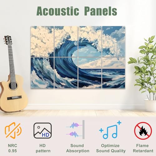 8 Pack Paneles acústicos artísticos de espuma absorbente de sonido con diseño de ondas oceánicas azul y blanco, paneles decorativos autoadhesivos para estudios de grabación y oficina 48"x32" miniatura 3