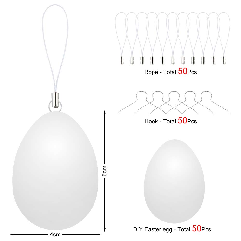 Wishstar Huevos de Pascua, 50 Piezas Huevos de Pascua para Pintar, Huevos de Plastico Blancos Decorativos, Huevos Colgantes con Cuerda, Manualidades de Pascua, para Colgar para Decoración y Regalo