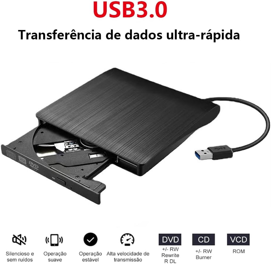 Gravador DVD Externo USB 3.0, Leitor Portátil Slim para PC e Notebook, Preto