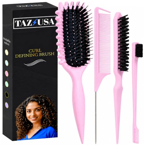 4 Pcs Curl Defining Brush Set - Curly Hair Brush for Defining Curls (Pink)