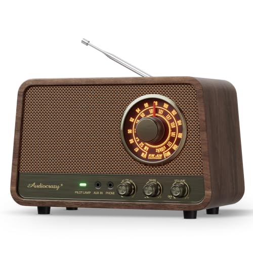 Image of Classic wooden Bluetooth FM radio with 10 watts of powerful sound, retro radio with Bluetooth speaker with amber glowing dial, bass control, Aux input, connector for