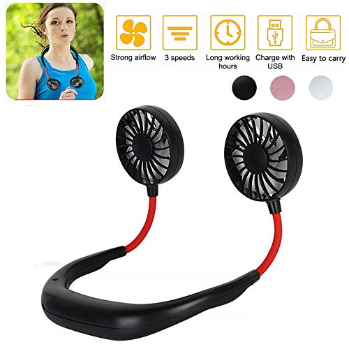 Hand Free Personal Fan Portable USB Battery Rechargeable Mini Fan - Headphone Design Wearable Neckband Fan Necklance Fan Cooler Fan with Dual Wind Head for Traveling Outdoor Office Room (Black)