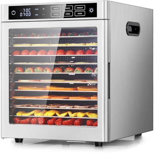 Kwasyo Dörrautomat 12 Etagen Edelstahl, 6 Voreinstellungen für Früchte, Gemüse, Fleisch, Blumen,...