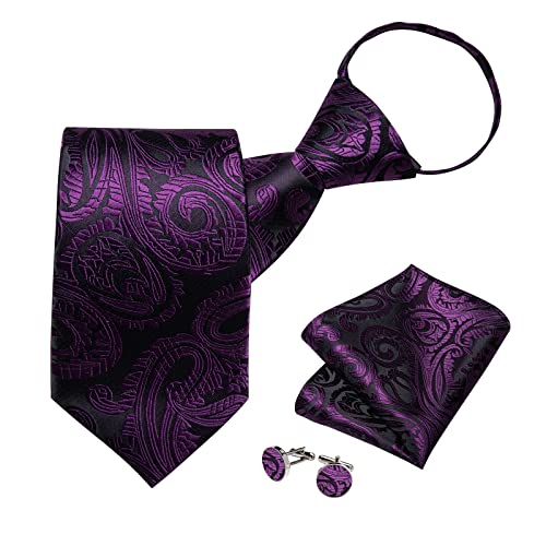 Image of DiBanGu Silk Zipper Ties for Men,Paisley Solid Plaid Pre-tied Tie and Pocket Square Cufflinks Set Formal Adjustable Necktie