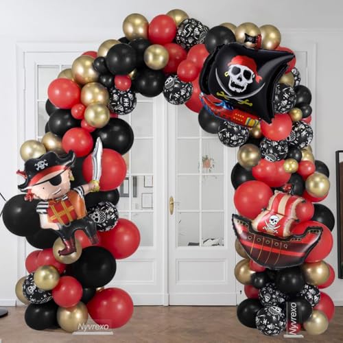 Image of Pirate Birthday Party Decorations, 142Pcs Red Black Metallic Gold Balloon Garland Arch Kit Pirate Ship Foil Mylar Balloon for Halloween Pirate Summer Pool Sea Sailing Adventure Ocean Theme Party