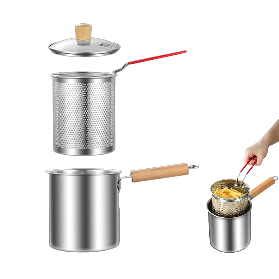 Stainless Steel Chip Pan with Basket and Tempered Glass Lid, Multi Functional Deep Fryer，Edible Oil Saving，Suitable for Gas Stoves and Induction Cookers