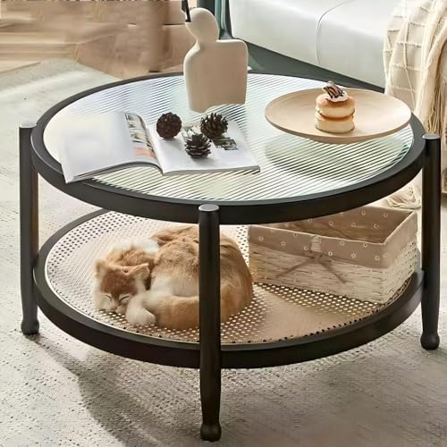 Mesa de centro con estante de almacenamiento de ratán, parte superior de cristal de 2 niveles para sala de estar y dormitorio modernos