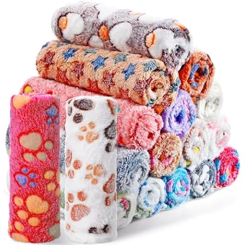 Chumia 18 Pcs Fleece Pet Blanket Soft Warm Sleep Mat Fluffy Cute Puppy Supplies Paw Bone Star Elephant Dot Heart Print Design Bed Blankets for Dog Cat Kitten Animals (30 x 20 Inch) Cover