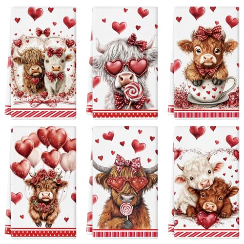 QIONG MENG Valentines Day Kitchen Towels 14x21 Inch Highland Cow Kitchen Dish Towels Hand Towels Seasonal Holiday Anniversary Indoor Bathroom Decoration Gifts Set of 6