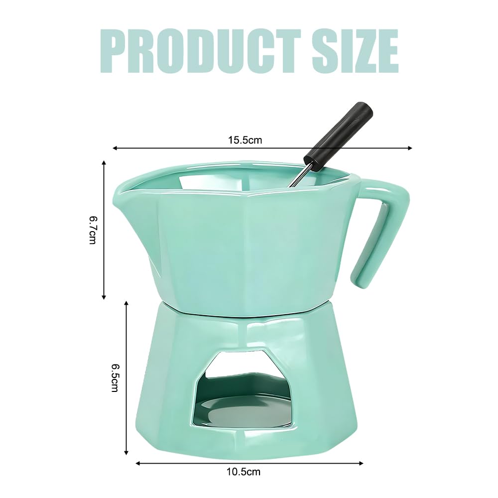 Fonduta Cioccolato, Pentola per Fonduta di Cioccolato al Burro in Ceramica, Set Casa con Candela da tè 300 ml con 1 Forchette per Formaggio, Verde (Verde)