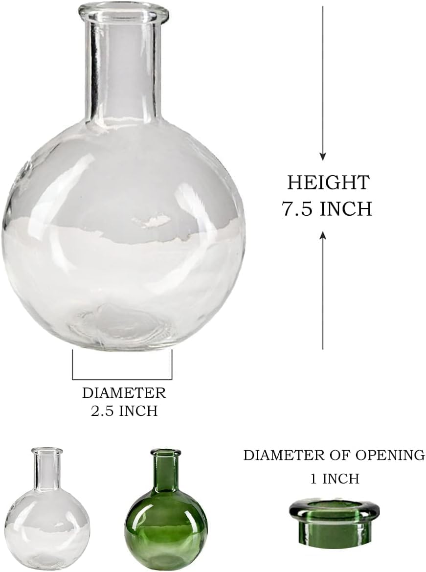 Serene Spaces Living Clear Bottleneck Bulb Glass Vase, Vintage Round Flower Vase for Console Table, Shelf, Living Room, Bathroom, Office, Wedding, Measures 5.3" Diameter & 7.48" Tall, Pack of 16