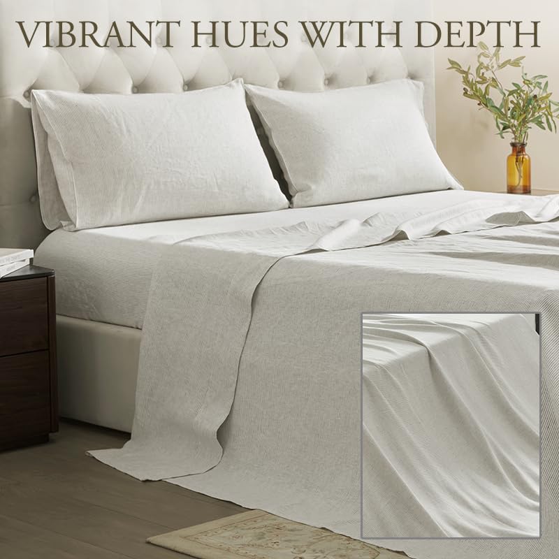 DAPU Linen Sheets King,Yarn Dyed Striped Pattern 100% Washed Linen Bedding with Envelope Closure,4PCs Soft Linen Sheets Set,Thin Stripe Weaved Pattern in Off-White & Grey,King Size