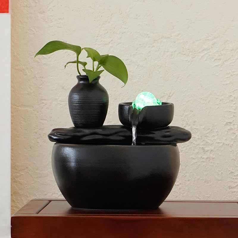 Fontaine à eau en céramique avec humidificateur, décorations d'aquarium pour la maison, le bureau, le salon, la décoration de bureau, petite fontaines cascade pour intérieur (sans humidificateur, noir