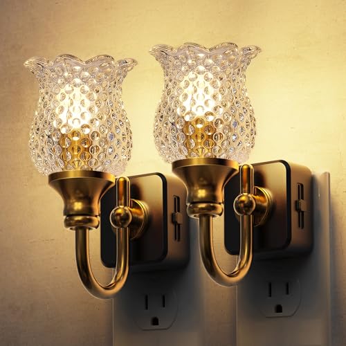 Image of L LOHAS LED Night Lights Plug into Wall, 2 Pack 3000K Soft White LED Floral Night Lights with Auto Sensor, 0-100lm Adjustable Brightness, for Hallway Bedroom Stairway