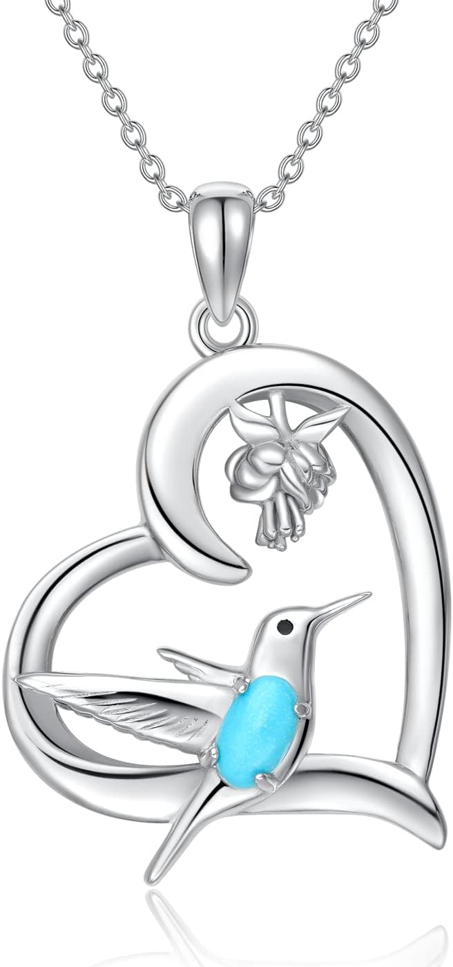 Hummingbird Necklace 925 Sterling Silver Heart with Flower Pendant Genuine Turquoise Gemstone Hummingbirds Animal Jewelry Gifts for Women