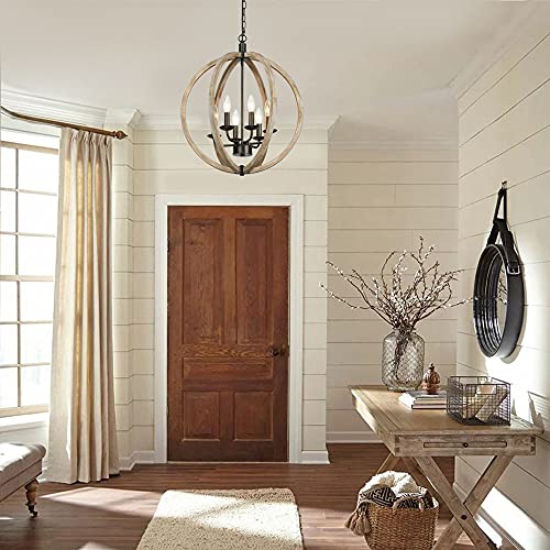 T&A Orb 6 Light Farmhouse Chandelier, Brown Wood Chandelier Globe Hanging Lights Fixture For Dining Room Bedroom Foyer Entryway And Living Room #TOP1