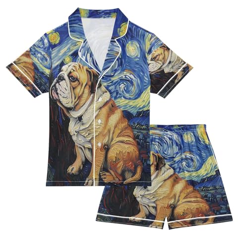 ALAZA French Bulldog Van Gogh Sky Satin Pajamas Set Short Sleeve Button Down Sleepwear Summer Pjs 2 Piece
