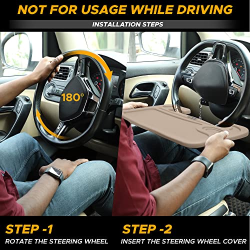Image of EcoNour 2 in 1 Car Steering Wheel Desk (Beige) | Steering Wheel Tray for Laptop, Eating, Drinks | Rectangular ABS Car Tray with Pen Holder & Cup Holder
