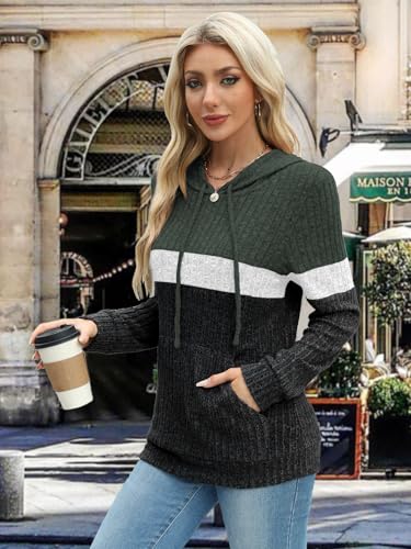 MixShe Women’s Color Block Knit Hoodie – Casual Long Sleeve Pullover Sweater Tops with Pocket