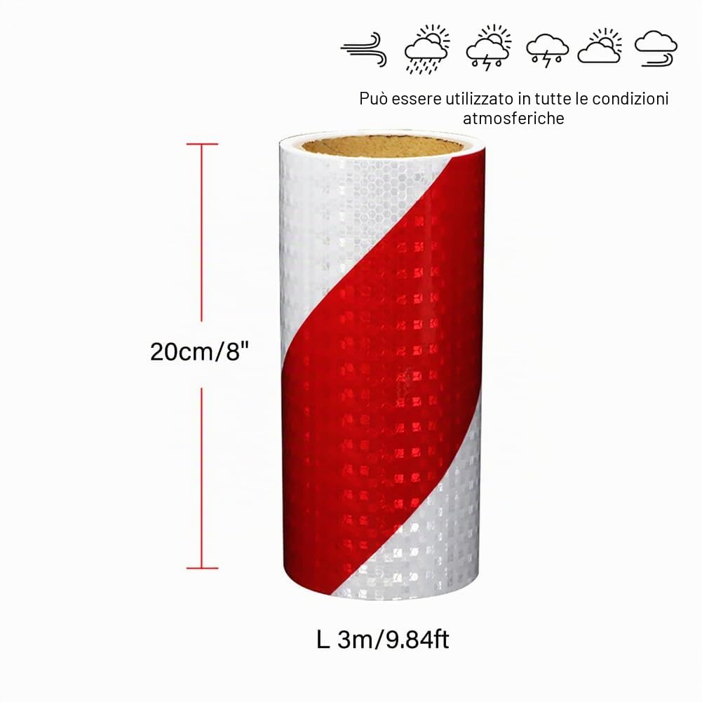 Nastro Catarifrangente Adesivo, Rosso Bianco Nastro Riflettente Autoadesivo, Strisce Catarifrangenti Adesive, Adesivi Segnaletico Sicurezza Impermeabile per Auto Veicoli e Moto,30cm x 3meters
