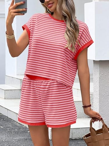 Image of Tankaneo Womens Summer 2 Piece Sets Striped Short Sleeve T Shirts and Shorts Loungewear Matching Set
