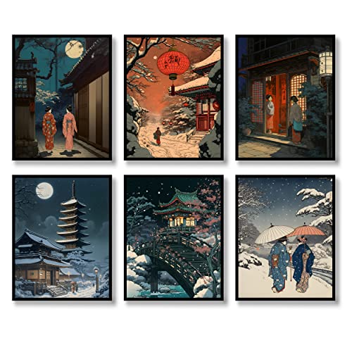 Juego de 6 pósteres japoneses de paisaje japonés, decoración de pared vintage, pinturas Ukiyoe, estéticas, asiáticas, retro, montaje fotográfico Fuji, lienzo para sala de estar, dormitorio, pared