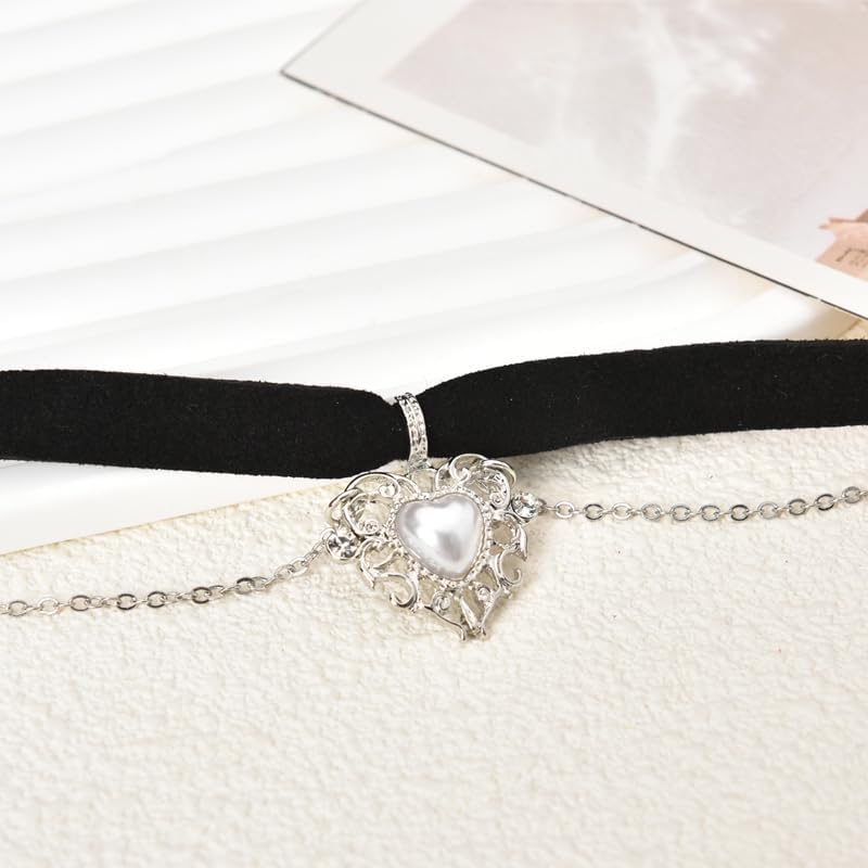 Layered Heart Velvet Choker Necklace Black Silver Goth Heart Pendant Necklaces Elegant Lolita Pearl Heart Choker Necklace Gothic Halloween Costume Outfits Accessories for Women - Image 5