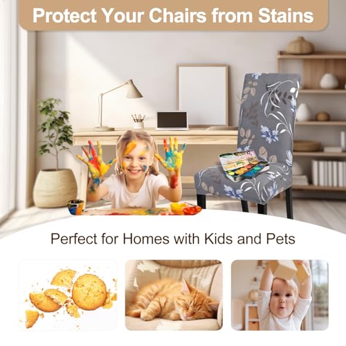 Image of SearchI Dining Room Chair Covers Set of 6, Stretch Printed Kitchen Chair Slipcovers Removable Washable Parsons Chair Covers Protector for Dining Room, Hotel, Ceremony (Flower Pattern4)