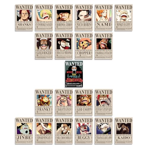 Image of 21PCS One Piece Wanted Posters Set - 4x6 Inch New Bounty Edition - Straw Hat Pirates Wall Decor (Luffy, Zoro, Nami, Sanji, Chopper, Robin, Franky, Brook, Jinbe) - 100 Glue Dots Included