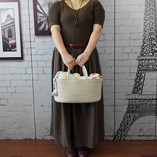 Image of XUANGUO Cotton Rope Baby Diaper Caddy Organizer Basket with Handles Oatmeal | Nursery Storage Bin, Portable Baby Tote Bag for Changing Table or Car, Baby Shower Gifts Bag, Newborn Essentials, Registry