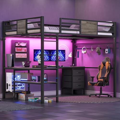 BTHFST Full Size Loft Bed with L-Shaped Desk and 3 Storage Drawers, LED Lights & Charging Station, Open Storage Shlef, Metal Loft Bed Frame with Solid Slats and Guardrail, Space Saving, Grey