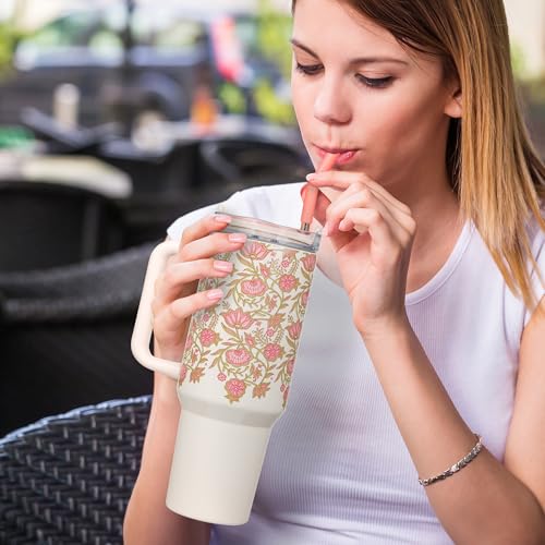 Image of Christian Art Gifts Extra Large Stainless Steel Double Wall Vacuum Insulated Travel Tumbler for Women: Be Still Inspirational Scripture, Lid, Reusable Straw, Wide Handle, White & Pink Floral, 40 oz.