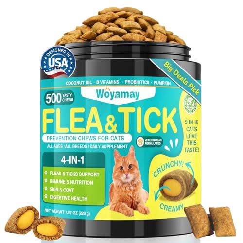 Woyamay 4-IN-1 Flea and Tick Prevention for Cats, 500 Crunchy & Creamy Chews, Cat Flea Treatment, Natural Oral Flea Treatment for Cats, Daily Support for Flea, Immune, Skin & Coat, Gut, Chicken Flavor
