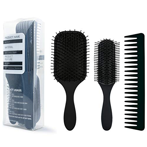 3Pcs Paddle Hair Brush, Detangling Brush and Hair Comb Set for Men and Women, Great On Wet or Dry Hair, No More Tangle Hairbrush for Long Thick Thin Curly Natural Hair（Black）
