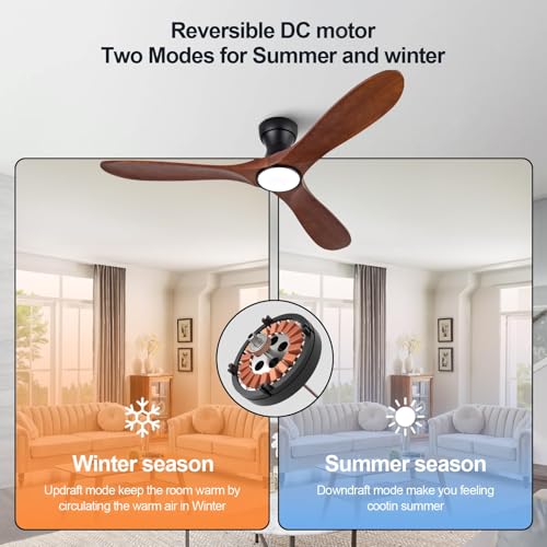 Image of 52 Inch Wood Flush Mount Ceiling Fans with Lights and Remote, Dimmable 3 Blade Wood Bedroom Ceiling Fan with Lights Low Profile Ceiling Fans with Light Outdoor Ceiling Fan for Patios Bedroom