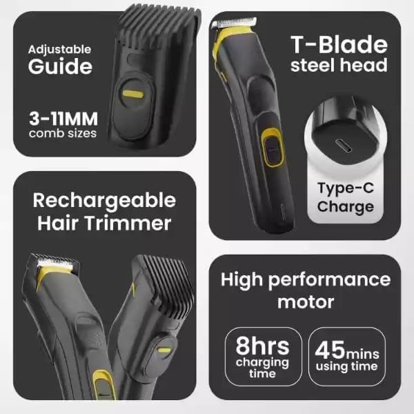 Image of HTC Trimmer Men, Beard Trimmer for Men, Professional Hair Clipper, Cordless Professional Hair Trimmer Titanium coated blade waterproof Trimmer 90 min Runtime 12 Length Settings (Black, Yellow)