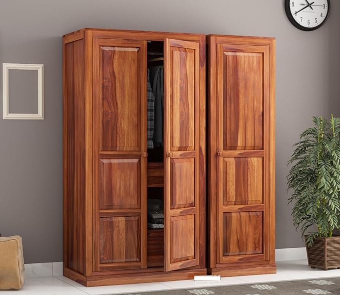 SS WOOD FURNITURE Sheesham Solid Wood 3-Door Wardrobe for Bedroom – Spacious, Durable, Stylish Storage with Shelves and Hanging Space, Perfect for Organizing Clothes and Accessories (Honey6)