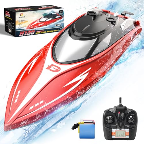 DEERC H120 Barco teledirigido rápido para Piscinas y Lagos, Barco de Carreras de 2,4 GHz 20+ mph para niños y Adultos, con 2 baterías Recargables, Alarma de batería Baja, recuperación antivuelco.