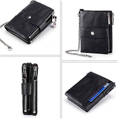 Image of boshiho Genuine Leather Bifold Chain Wallet for Men RFID Blocking | Heavy Duty Steel Anti-Theft Chain & 2 Zipper Coin Purse. Perfect for Bikers, Daily Commute, Gift for Dad /Husband