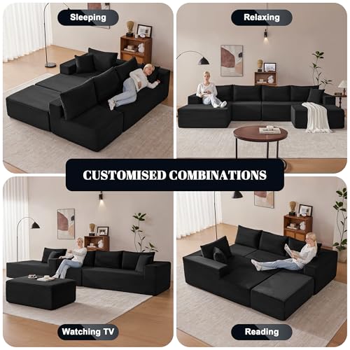 Image of Mangodan 140 inch Cloud Sectional Couch, Boneless Sofa for Living Room, Modular Sectional Sofa with Deep Seat, Comfy Fluffy U-Shaped Couch with Right-Facing Chaise, No Assembly Required, Black