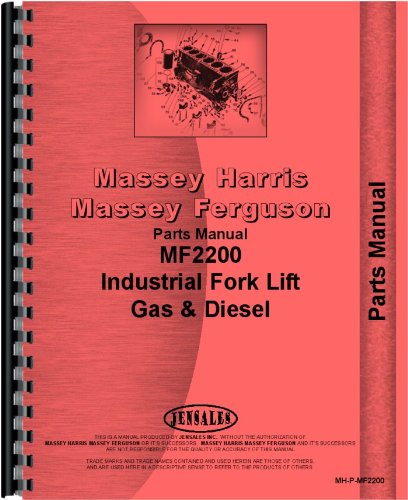 Cover of the Massey Ferguson 2200 Industrial Tractor Parts Manual, showing a red spiral-bound book with the title 'Massey Harris Massey Ferguson Parts Manual MF2200 Industrial Fork Lift Gas & Diesel' and an exploded view diagram of an engine block.