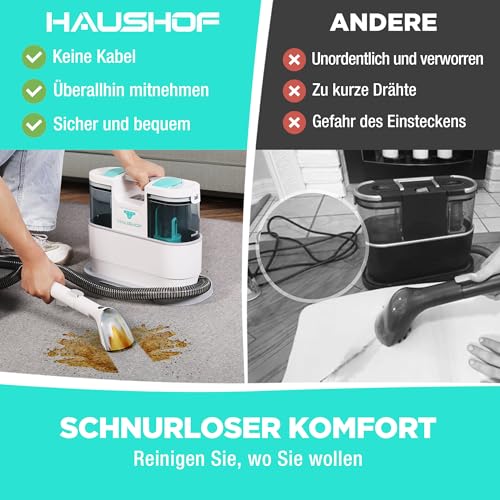 HAUSHOF StainZapper Air, Akku Waschsauger für Auto 12kPa, 24V Kabelloser Fleckenreiniger Teppichreiniger mit Reinigungsmittel 75dB, Polsterreiniger für Teppich, Sofa, Polster