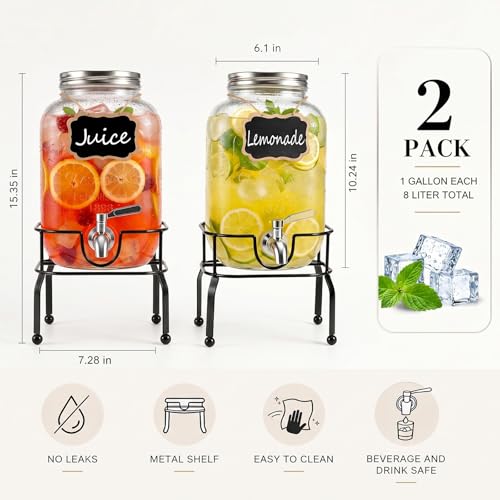 Image of 2 Pack1 Gallon Glass Drink Dispensers For Parties,Beverage Dispenser with Stand,304 Stainless Steel Spigot Leakproof,Lemonade Dispenser for Sun Tea, Homemade Juice